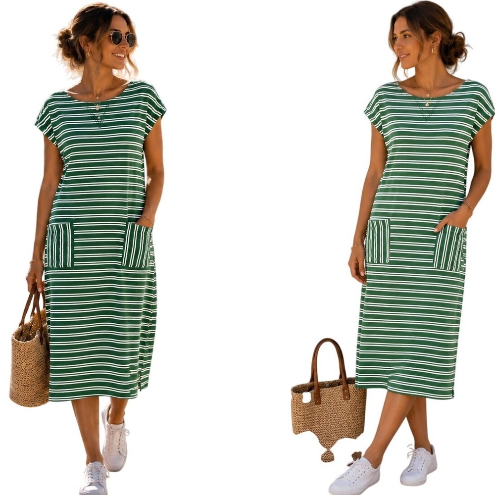 Talbots Women's Striped Printed Short Cap Sleeve Pockets T-Shirt Midi Dress Sz L